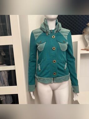 Mi-Tu Utility Jacket Womens 40 Teal Cotton Corduroy Graphic Embellished Good VTG